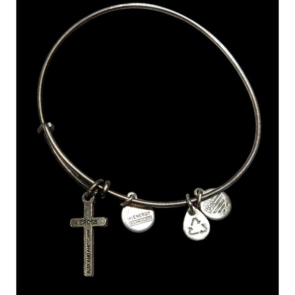 Alex & Ani Religious Silver Tone Bangle Bracelet With Cross & Inspirational Char - Picture 2 of 4